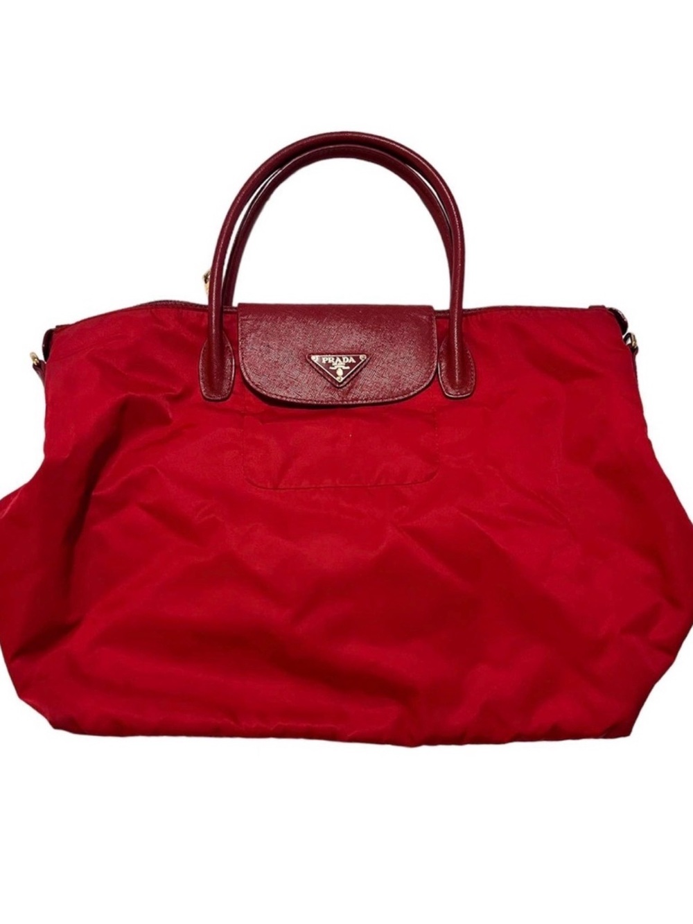 Prada Tessuto Bright Red Nylon Tote with Burgundy Leather Trim